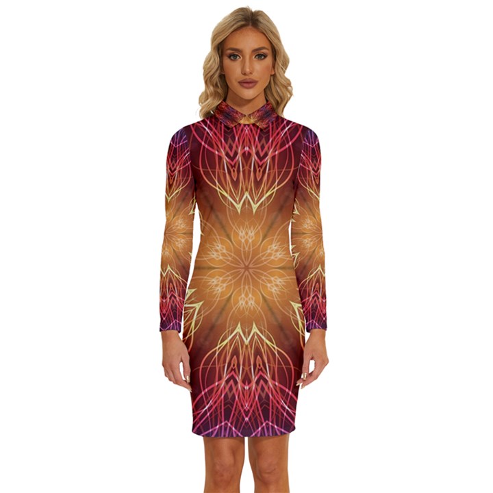 Fractal Abstract Artistic Long Sleeve Shirt Collar Bodycon Dress