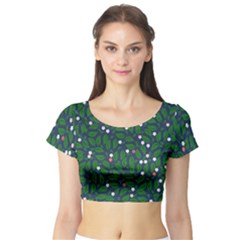 Leaves Flowers Green Background Nature Short Sleeve Crop Top by Ravend