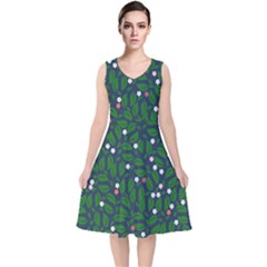 Leaves Flowers Green Background Nature V-neck Midi Sleeveless Dress  by Ravend