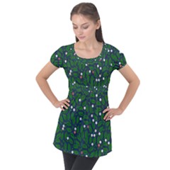 Leaves Flowers Green Background Nature Puff Sleeve Tunic Top by Ravend