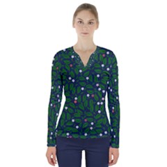 Leaves Flowers Green Background Nature V-neck Long Sleeve Top by Ravend