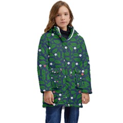 Leaves Flowers Green Background Nature Kid s Hooded Longline Puffer Jacket by Ravend