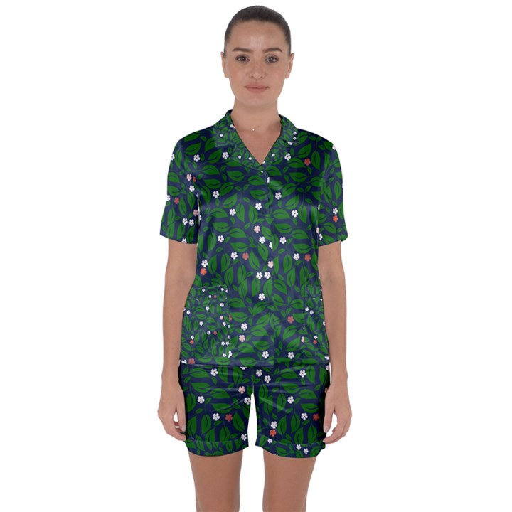 Leaves Flowers Green Background Nature Satin Short Sleeve Pajamas Set