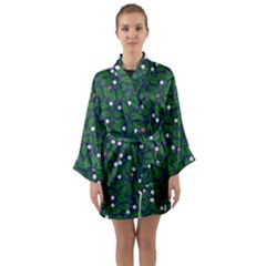 Leaves Flowers Green Background Nature Long Sleeve Satin Kimono by Ravend