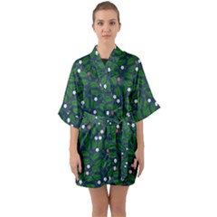 Leaves Flowers Green Background Nature Half Sleeve Satin Kimono  by Ravend