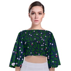 Leaves Flowers Green Background Nature Tie Back Butterfly Sleeve Chiffon Top by Ravend