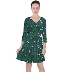 Leaves Flowers Green Background Nature Quarter Sleeve Ruffle Waist Dress by Ravend