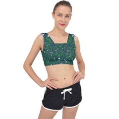 Leaves Flowers Green Background Nature V-back Sports Bra by Ravend