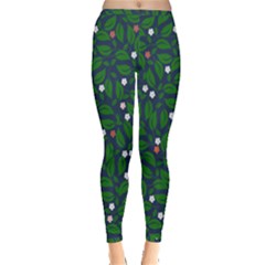 Leaves Flowers Green Background Nature Inside Out Leggings by Ravend