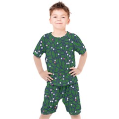 Leaves Flowers Green Background Nature Kids  Tee And Shorts Set by Ravend