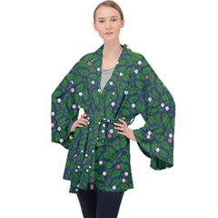 Leaves Flowers Green Background Nature Long Sleeve Velvet Kimono  by Ravend