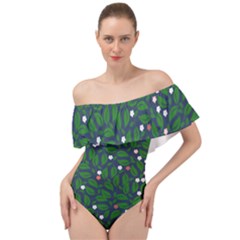 Leaves Flowers Green Background Nature Off Shoulder Velour Bodysuit  by Ravend