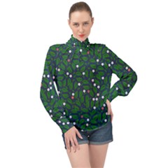 Leaves Flowers Green Background Nature High Neck Long Sleeve Chiffon Top by Ravend