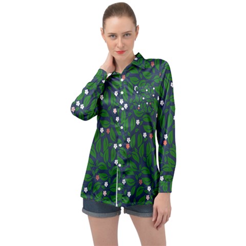 Leaves Flowers Green Background Nature Long Sleeve Satin Shirt by Ravend