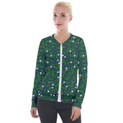 Leaves Flowers Green Background Nature Velvet Zip Up Jacket by Ravend