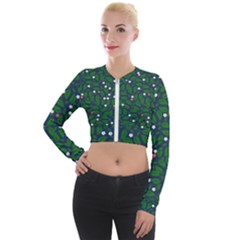 Leaves Flowers Green Background Nature Long Sleeve Cropped Velvet Jacket by Ravend