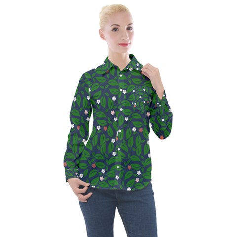 Leaves Flowers Green Background Nature Women s Long Sleeve Pocket Shirt by Ravend