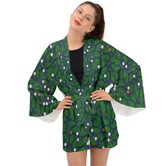 Leaves Flowers Green Background Nature Long Sleeve Kimono by Ravend