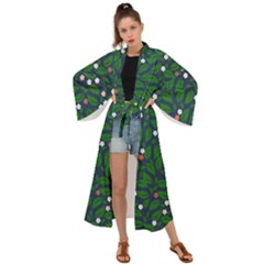 Leaves Flowers Green Background Nature Maxi Kimono by Ravend