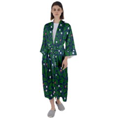 Leaves Flowers Green Background Nature Maxi Satin Kimono by Ravend