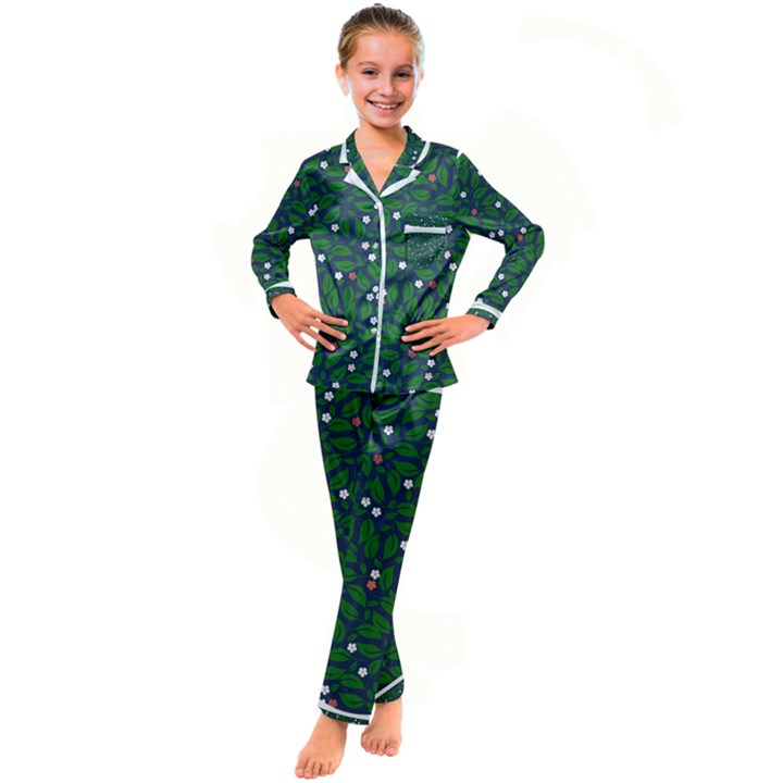 Leaves Flowers Green Background Nature Kid s Satin Long Sleeve Pajamas Set