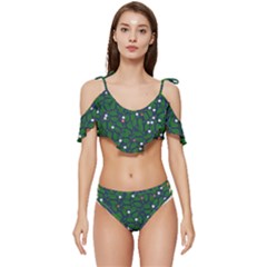 Leaves Flowers Green Background Nature Ruffle Edge Tie Up Bikini Set	