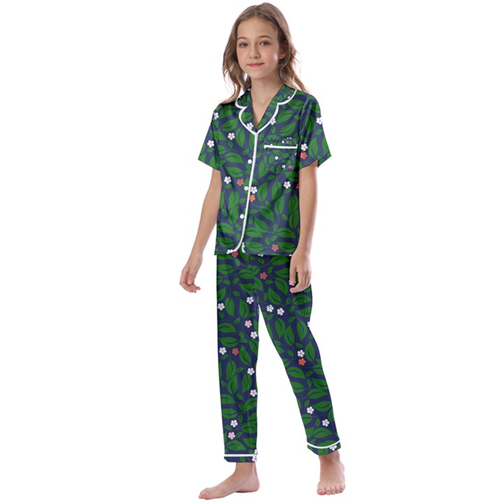 Leaves Flowers Green Background Nature Kids  Satin Short Sleeve Pajamas Set