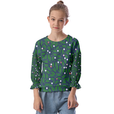 Leaves Flowers Green Background Nature Kids  Cuff Sleeve Top by Ravend