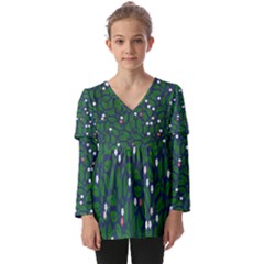 Leaves Flowers Green Background Nature Kids  V Neck Casual Top by Ravend