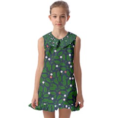 Leaves Flowers Green Background Nature Kids  Pilgrim Collar Ruffle Hem Dress by Ravend