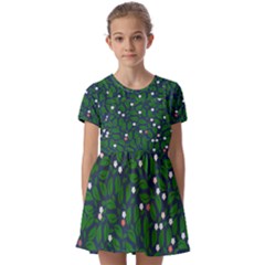 Leaves Flowers Green Background Nature Kids  Short Sleeve Pinafore Style Dress by Ravend