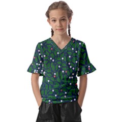 Leaves Flowers Green Background Nature Kids  V-neck Horn Sleeve Blouse by Ravend