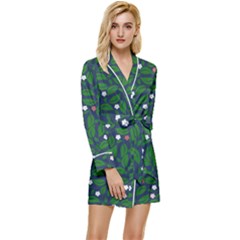 Leaves Flowers Green Background Nature Long Sleeve Satin Robe by Ravend