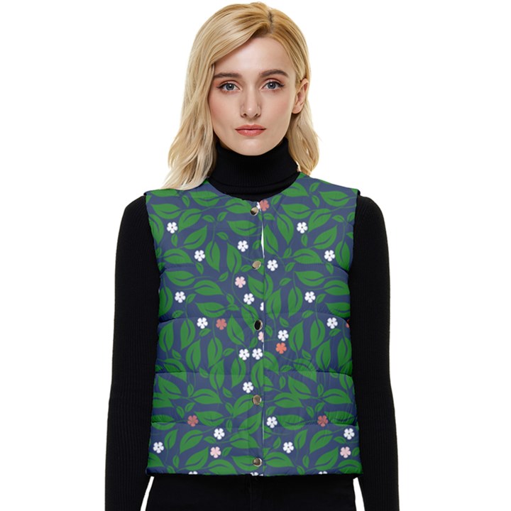 Leaves Flowers Green Background Nature Women s Short Button Up Puffer Vest