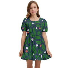 Leaves Flowers Green Background Nature Kids  Short Sleeve Dolly Dress by Ravend