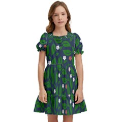 Leaves Flowers Green Background Nature Kids  Puff Sleeved Dress by Ravend