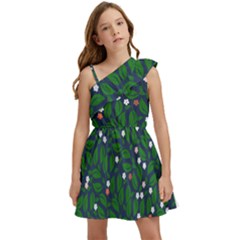 Leaves Flowers Green Background Nature Kids  One Shoulder Party Dress by Ravend