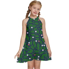 Leaves Flowers Green Background Nature Kids  Halter Collar Waist Tie Chiffon Dress by Ravend