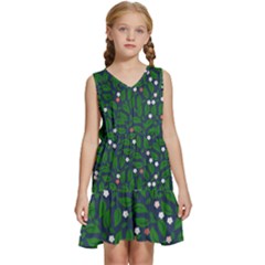 Leaves Flowers Green Background Nature Kids  Sleeveless Tiered Mini Dress by Ravend