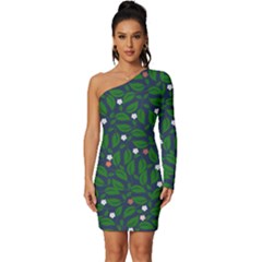 Leaves Flowers Green Background Nature Long Sleeve One Shoulder Mini Dress by Ravend