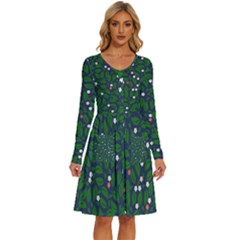 Leaves Flowers Green Background Nature Long Sleeve Dress With Pocket by Ravend