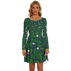 Leaves Flowers Green Background Nature Long Sleeve Wide Neck Velour Dress