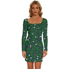 Leaves Flowers Green Background Nature Long Sleeve Square Neck Bodycon Velour Dress