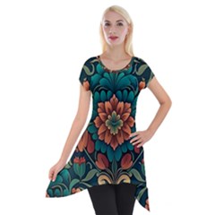 Flower Pattern Modern Floral Short Sleeve Side Drop Tunic by Ravend