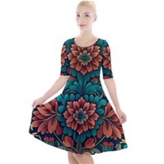 Flower Pattern Modern Floral Quarter Sleeve A-line Dress by Ravend