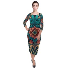 Flower Pattern Modern Floral Quarter Sleeve Midi Velour Bodycon Dress by Ravend