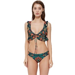 Flower Pattern Modern Floral Low Cut Ruffle Edge Bikini Set