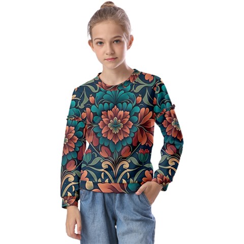 Flower Pattern Modern Floral Kids  Long Sleeve Tee With Frill  by Ravend