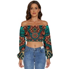 Flower Pattern Modern Floral Long Sleeve Crinkled Weave Crop Top