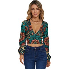 Flower Pattern Modern Floral Long Sleeve Deep-v Velour Top by Ravend